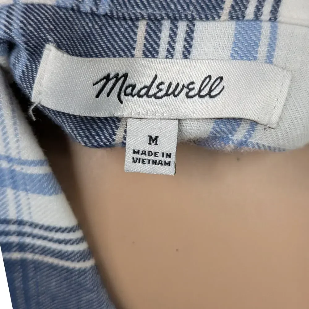 Madewell Hartfield Flannel Plaid Shirt M White Blue Peach Boxy Side Slit Button